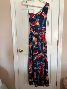 One-Shoulder Abstract Maxi Dress